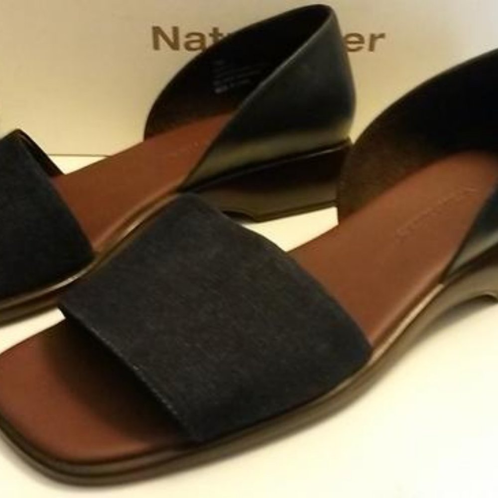 Naturalizer Navy Blue Nora Jeans Sandals 7 Wide NEW IN BOX Denim Leather Wedges